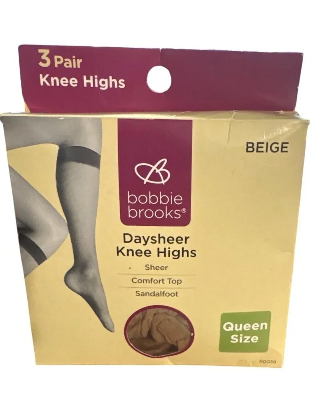 Womens Bobbie Brooks Knee Highs 3-Pr Sheer Comfort Top Sandalfoot Beige Queen Sz